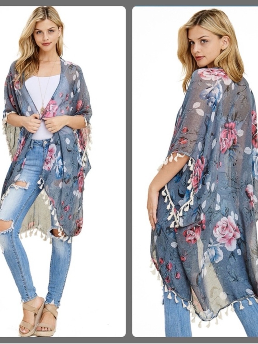 Floral Tassel Kimono Tunic - Blue Rose